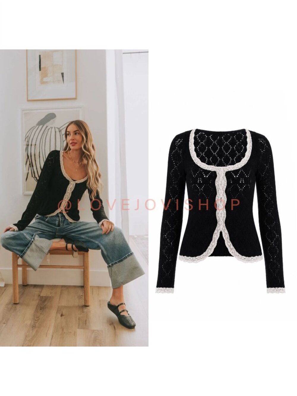 Feminine | Free People Crochet Knit Cardigan | Black Cream Scalloped Fitted | XS